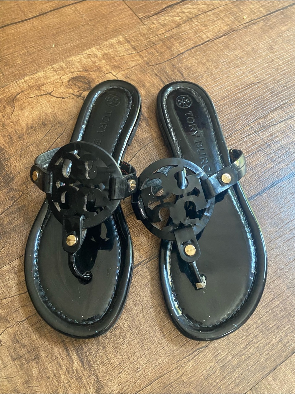 Tory Burch Black Patent Miller Logo Thong Sandals with Gold Accents